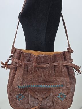Handcrafted Brown Leather Shoulder Bag with Turquoise Accents